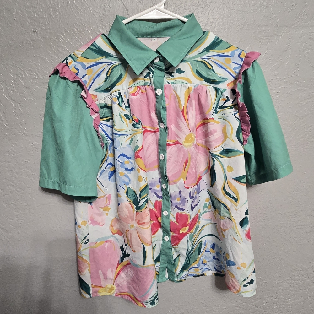 Source Unknown Mint Green and Pink Floral Button-Down Shirt